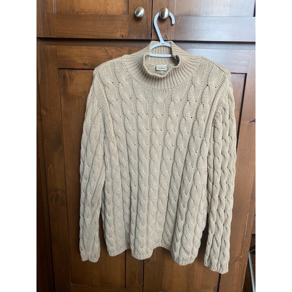 L.L. Bean Women’s XL Cable Knit Mock Neck Sweater 100% Cotton Oatmeal Chunky
